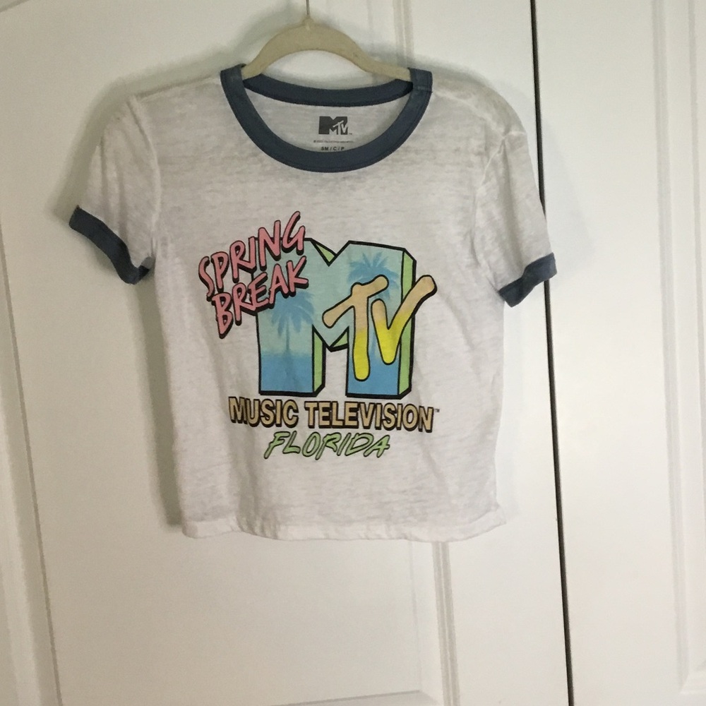 MTV White and Blue Crop Top with Retro Graphics